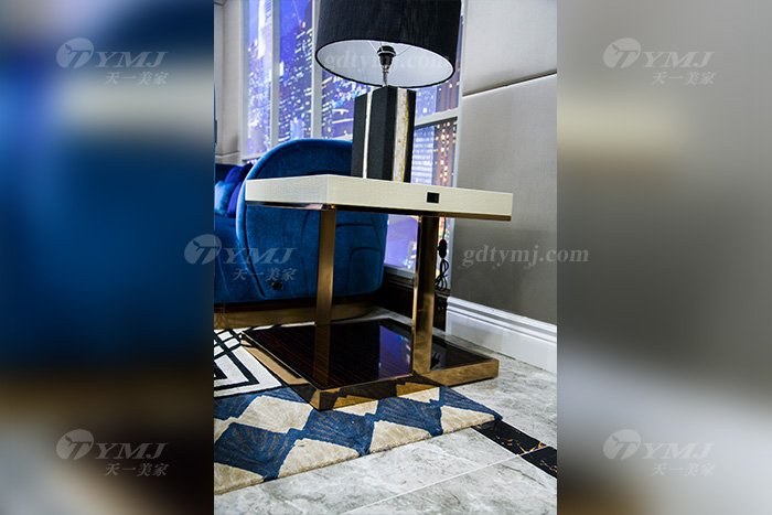麻豆AV下载奢华家具品牌别墅轻奢后现代家具客厅蓝色优质绒布艺沙发组合角几
